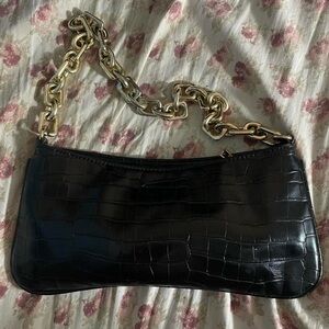 MMS Design Studio Black Croc-Embossed Shoulder Bag with Gold Chain Strap